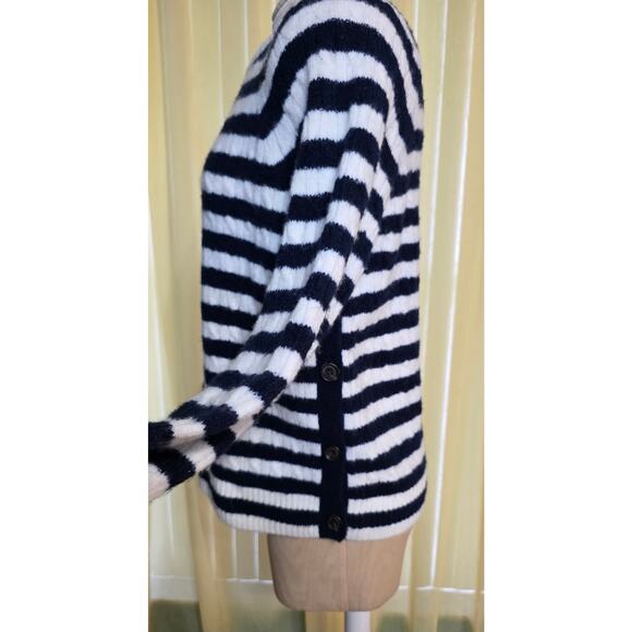 J.Crew Women M Wool Blend Striped cable knit sweater Side buttons Navy Blue - Picture 2 of 6
